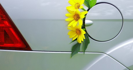 a white car with yellow flowers painted around the gas cap cover