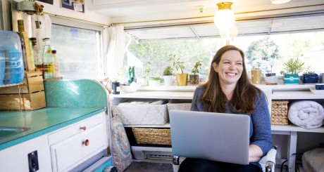 woman working in tiny home